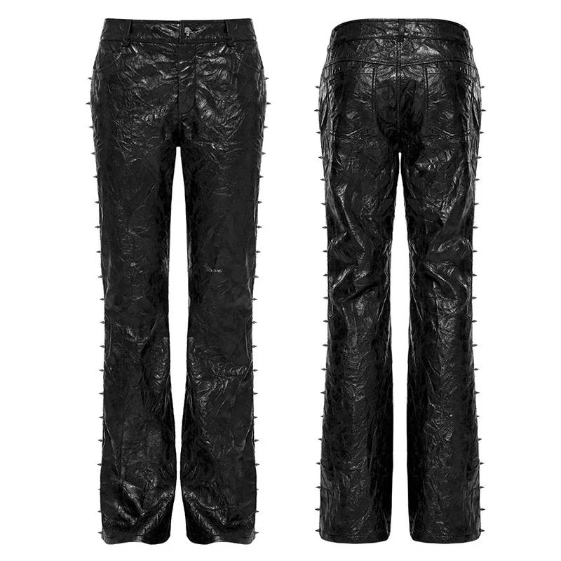 Pantalones de cuero texturizado plisado PUNK RAVE para hombre, pantalones con pinchos de Metal, pantalones oscuros con personalidad de diseño Simple, Otoño e Invierno