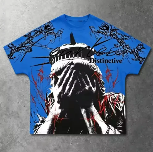 Unisex Fearless Distinctive Statue‑of‑Liberty All‑Over Print T‑Shirt, Harajuku Y2K Dark Gothic Streetwear Casual Graphic Tee