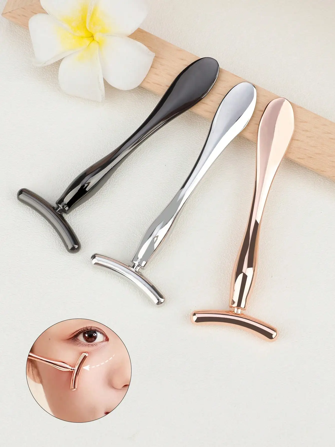 1 Pcs Metal T‑shape Eye Cream Massager Wand Rose Gold Facial Spatula Anti‑Aging Skin Care Cosmetic Applicator Tool