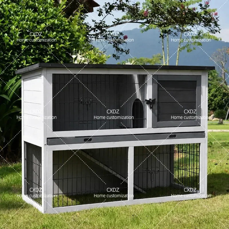 Double Layer Outdoor Pet Cage Iron Mesh Wooden Sun House Rainproof Rabbit Chicken Coop for Courtyard Balcony Bold Design