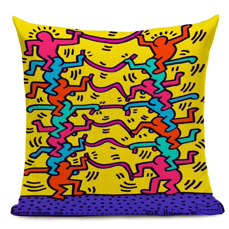 Juste de coussin carrée en lin avec graffiti, taie d\'oreiller décorative, art abstrait coloré, figures pop art