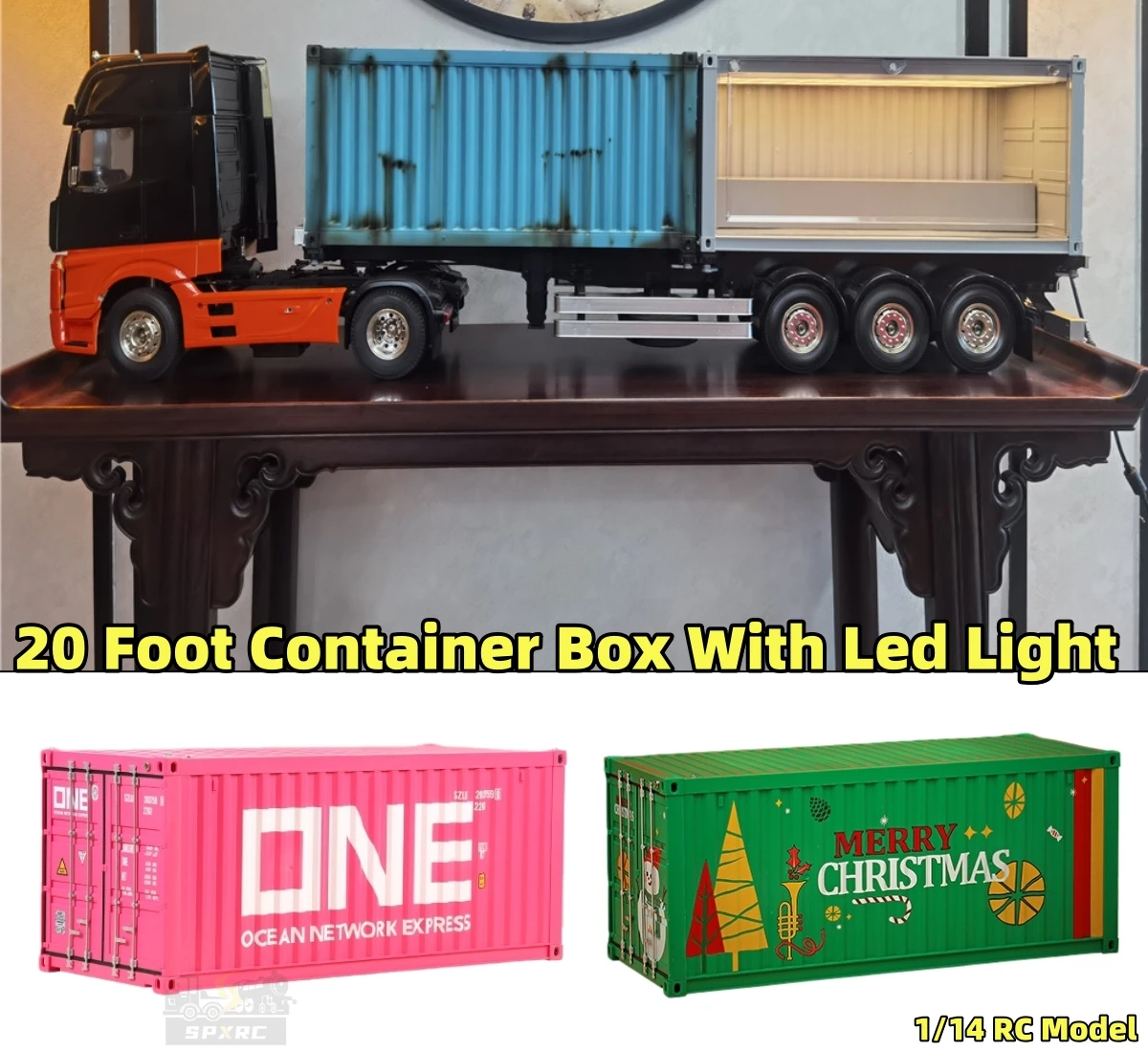 

20-Foot Container Storage Box Doll Display Cabinet With Led Light Dustproof for 1/14 Tamiya RC 20FT Trailer Truck Toy Part