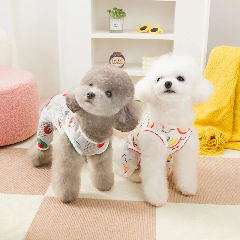 

Puppy Mesh Clothes Summer Four-legged Home Clothing Pet Anti-mosquito Four-legged Trousers Cartoon Printing Jumpsuits