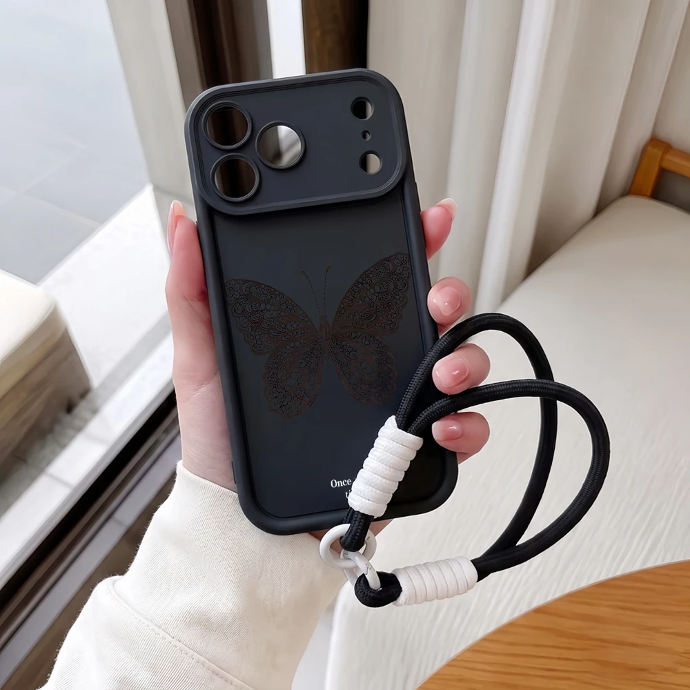 Handyhülle für iPhone 12 13 14 15 16 17 Pro Max 16 15 14 Pro Plus 17E Spitzen-Schmetterling-Lanyard Stoßfeste Matte Silikon-TPU-Hülle – Detail 3