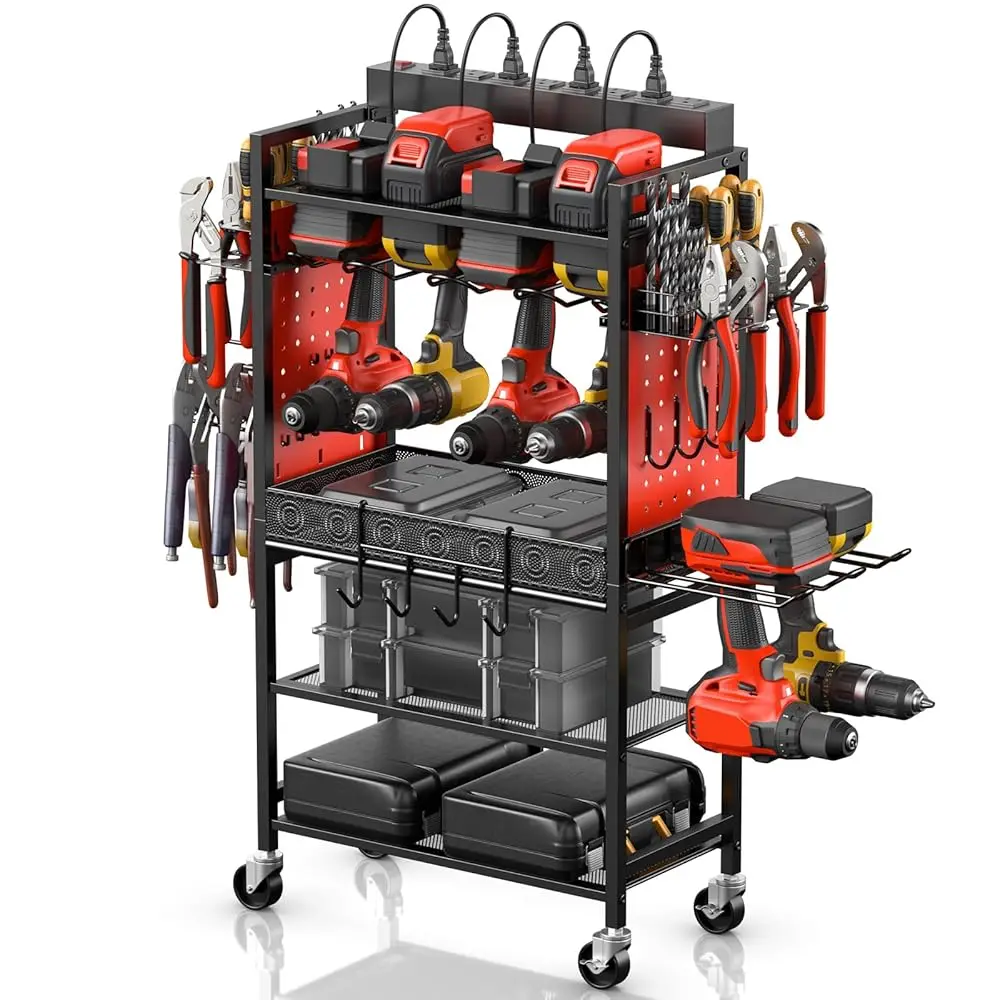 

Power Tool Organizer Cart With Charging Station, Garage Floor Rolling Storage Large Cart On Wheels For Mechanic, Mobile 6