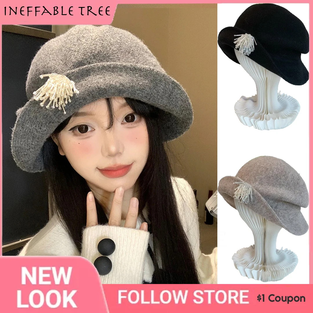 

Y2K Retro French Pearl Flower Design Woolen Bucket Hats for Women Autumn and Winter Warm Versatile Elegant Dome Top Caps Gorra