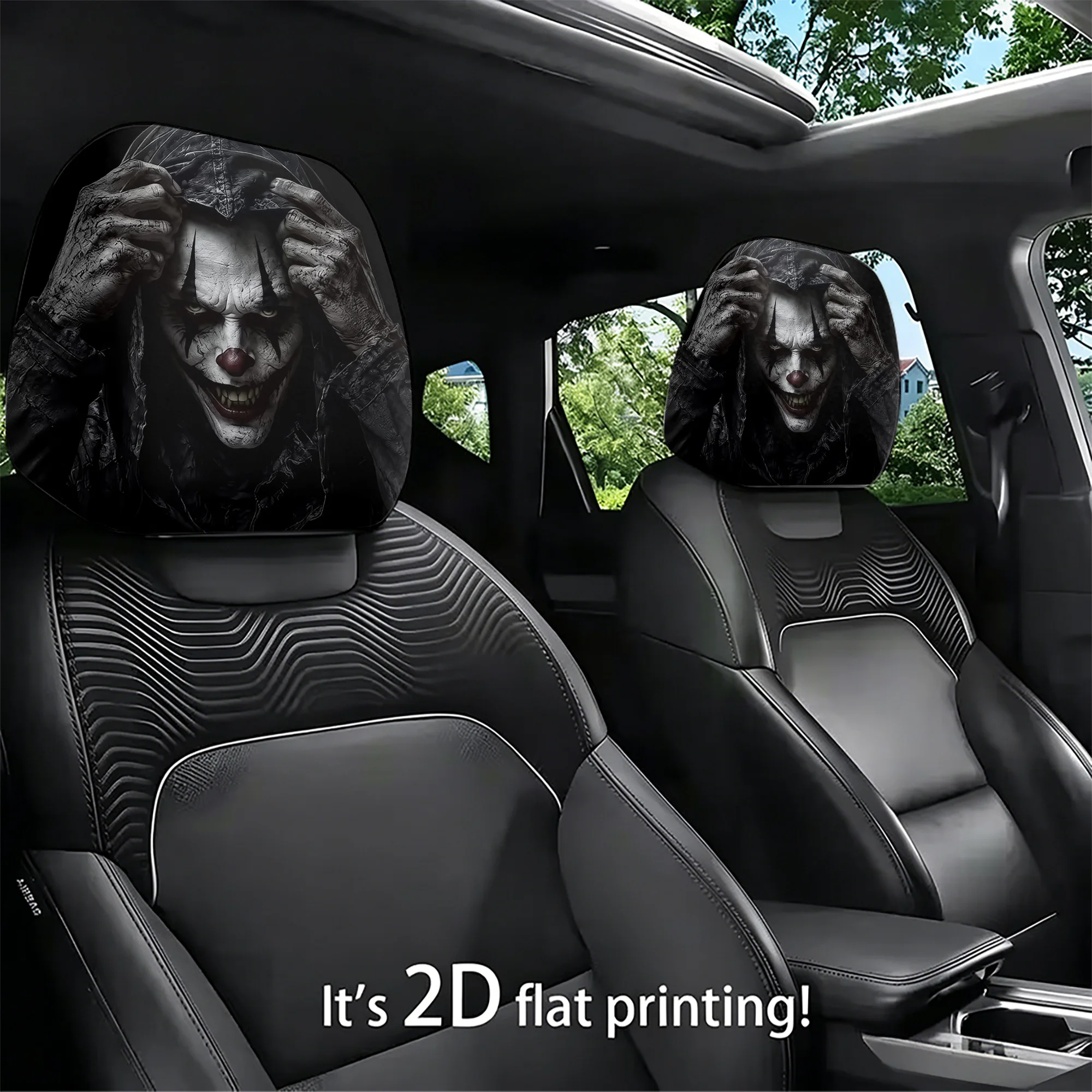 2pcs Scary Clown-Patterned Car Headrest Covers—bring a bold Gothic style to your car’s interior. Filling not included. Easy to i