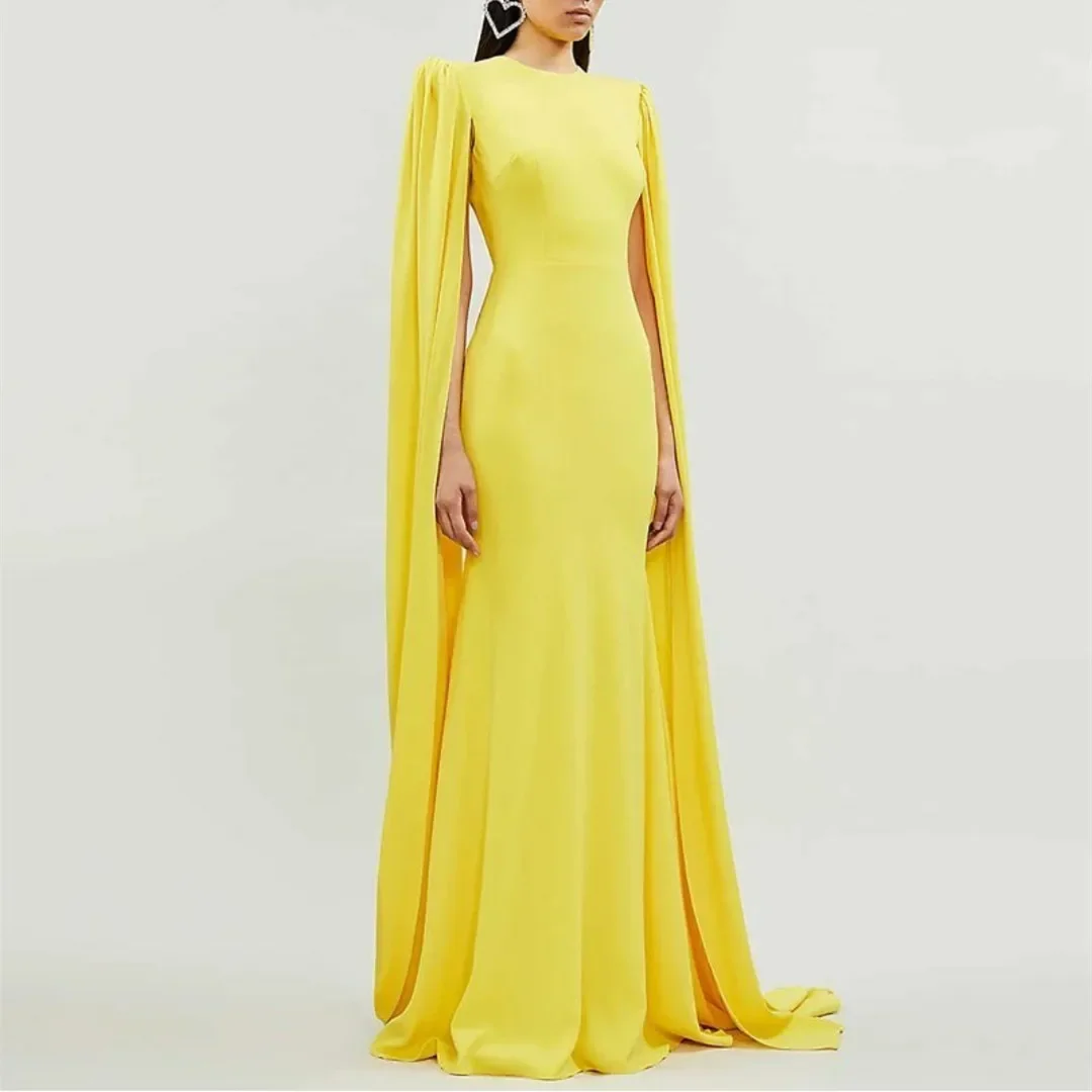 

Customized Elegant Long Yellow O-Neck Evening Dresses With Cape Chiffon Floor Length Prom Dress 2024 Saudi Arabia Women Party Go