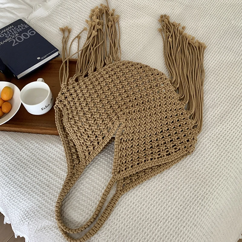 Bohemian Beach Bags For Women Luxury Designer Handbags Purses 2024 New In Polyester Rope Braided Tassel Hollow Underarm Shoulder