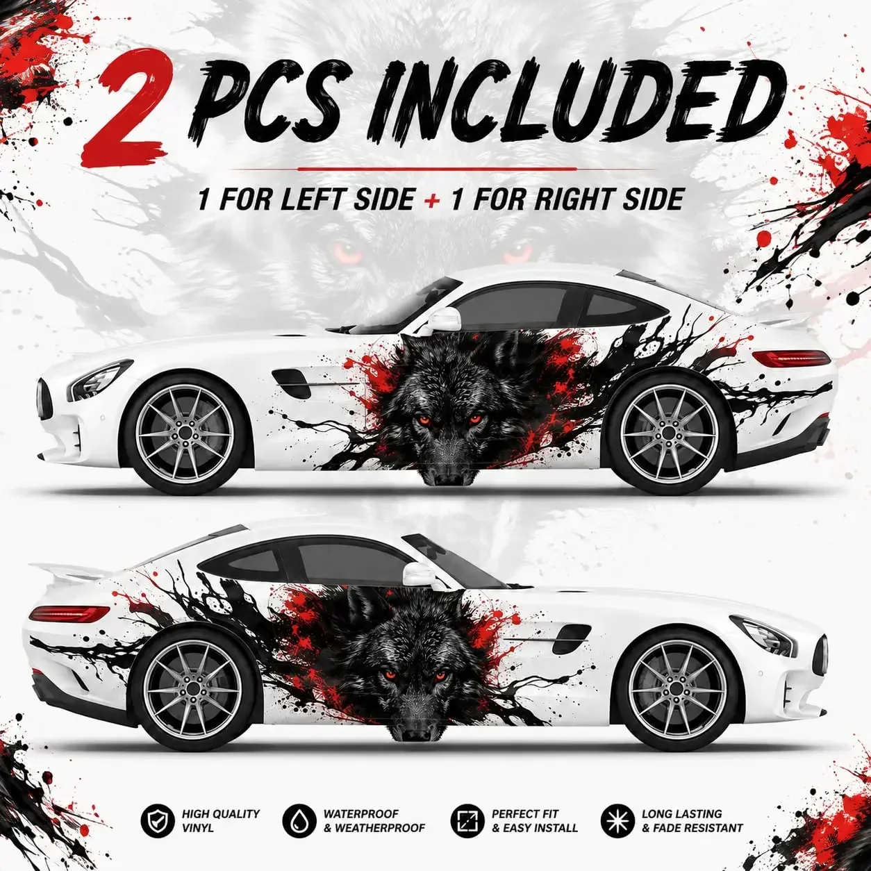 Wolf Car Side Decal Sticker, 2 Pcs, Black Red Splatter Design
