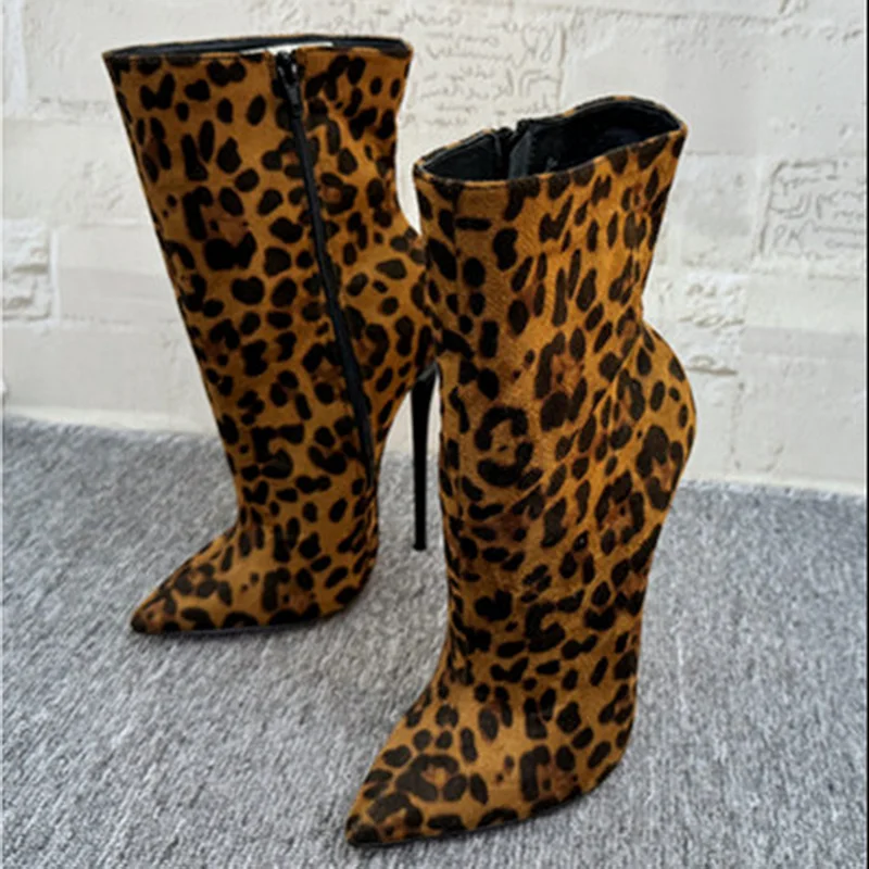 16/14cm High Heels Women Ankle Boots,Leopard Short Botas,Flock Winter Shoes,Cross-dresser Faves,Pointed Toe,Black,Custom Colors