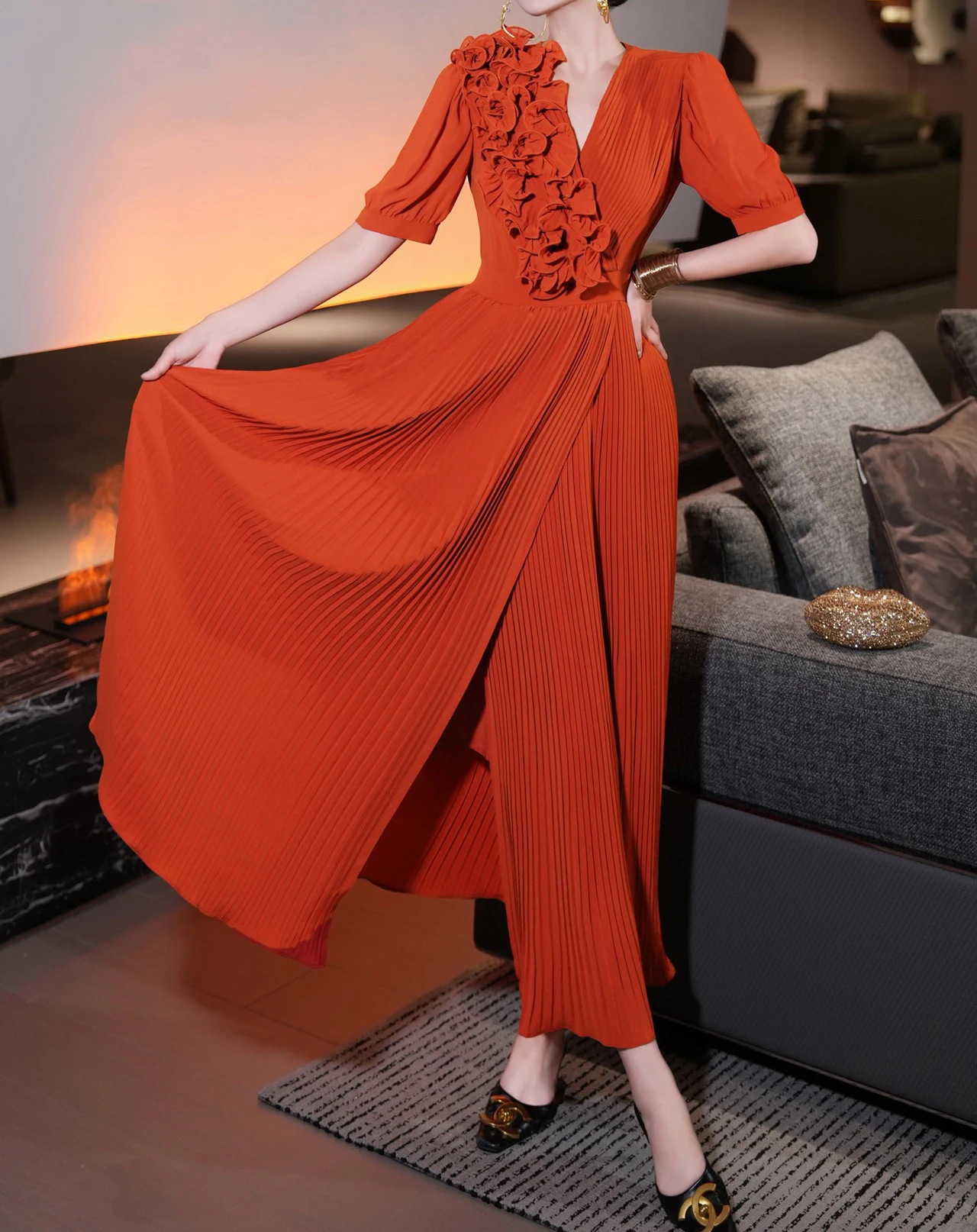 

New style dress long sleeve three-dimensional ruffle maxi dress elegant fashion women's dress female casual-GZDL017