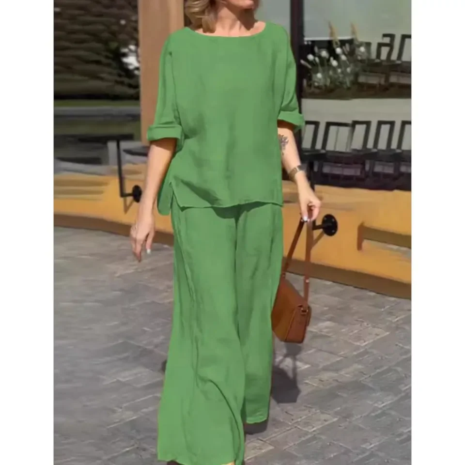 Spring Autumn New Cotton Linen Long-sleeved Suit For Women Fashion Solid Color Relaxed Casual Simple Pants Female 2 Piece Set