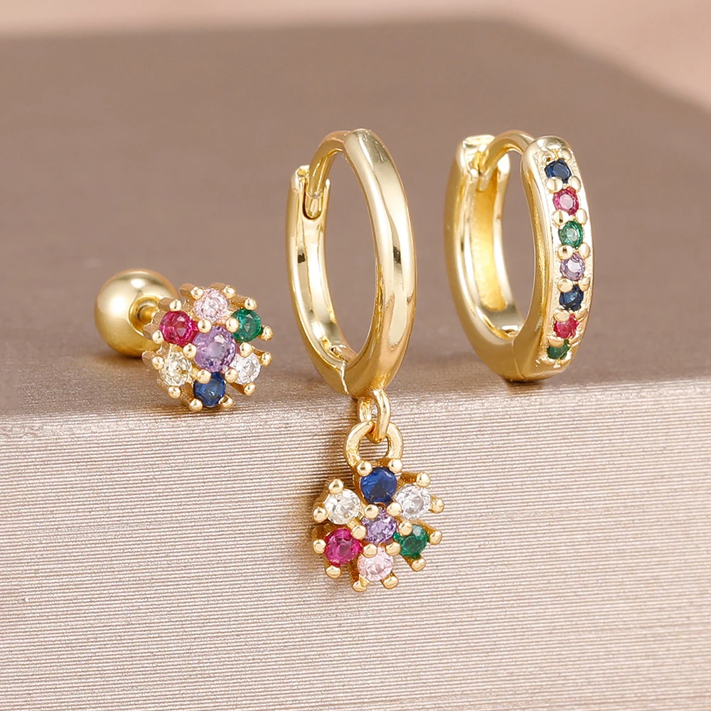 3PCS Little Granule Crystal Flower Earrings Set for Women Gold Plated Hoop Earring Wedding Romantic Jewelry Gift