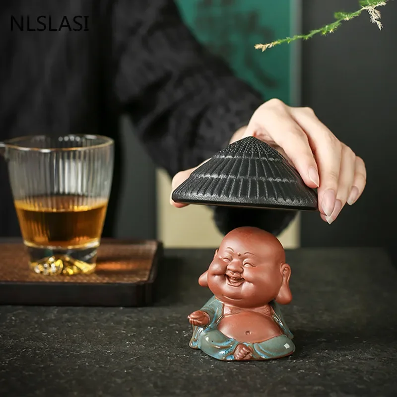 Creativity Purple Clay Tea Pet with Tea Strainer Monk Buddha Figurine Ornaments Handmade Crafts Tea Set Decoration Accessories