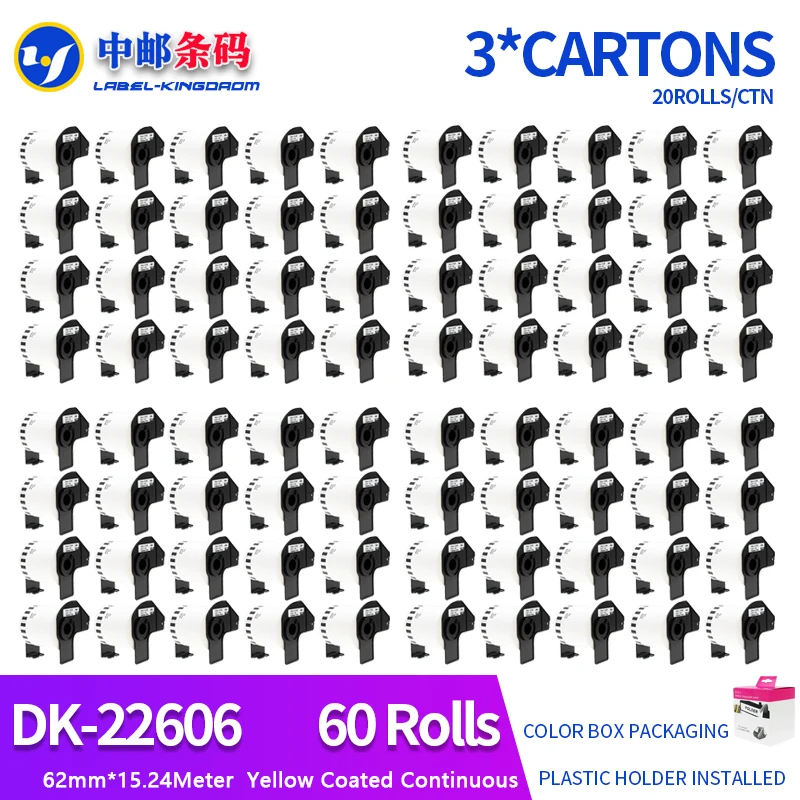 60 Rolls Compatible DK-22606 Yellow Film Label 62mm*15.24M Continuous For Brother Thermal Printer All Come With Plastic holder