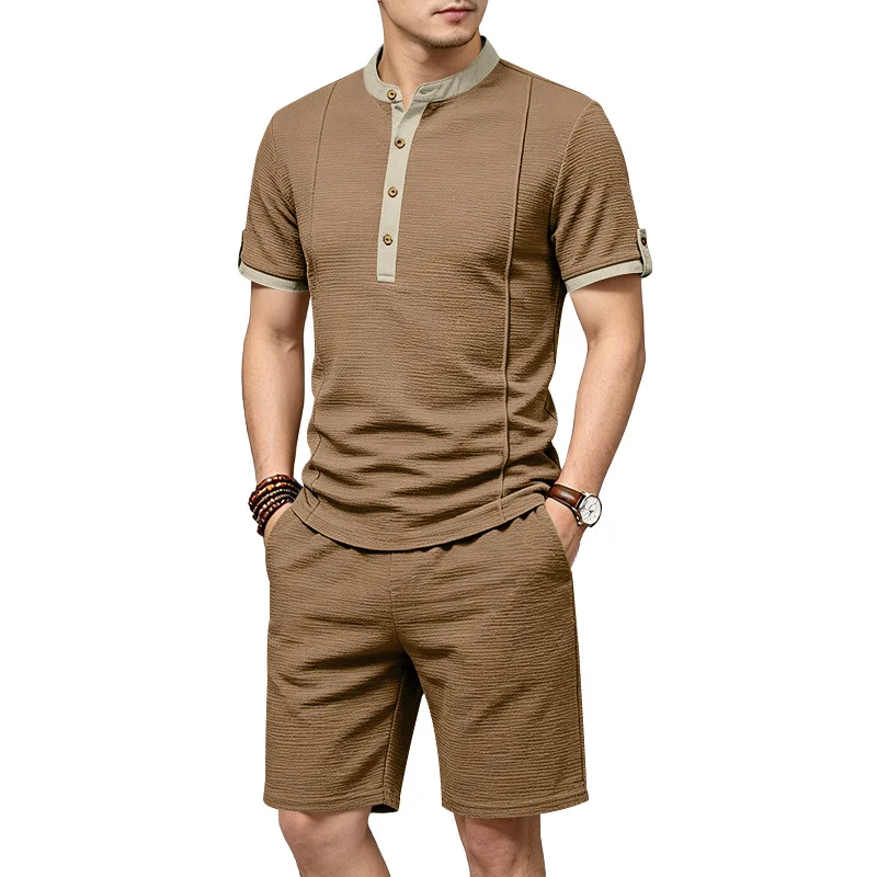 

UNITIM Man Outfit Summer Contrast Color Short Sleeve Polo-shirt Male Loose Drawstring Shorts Men Thin Breathable 2-piece Set