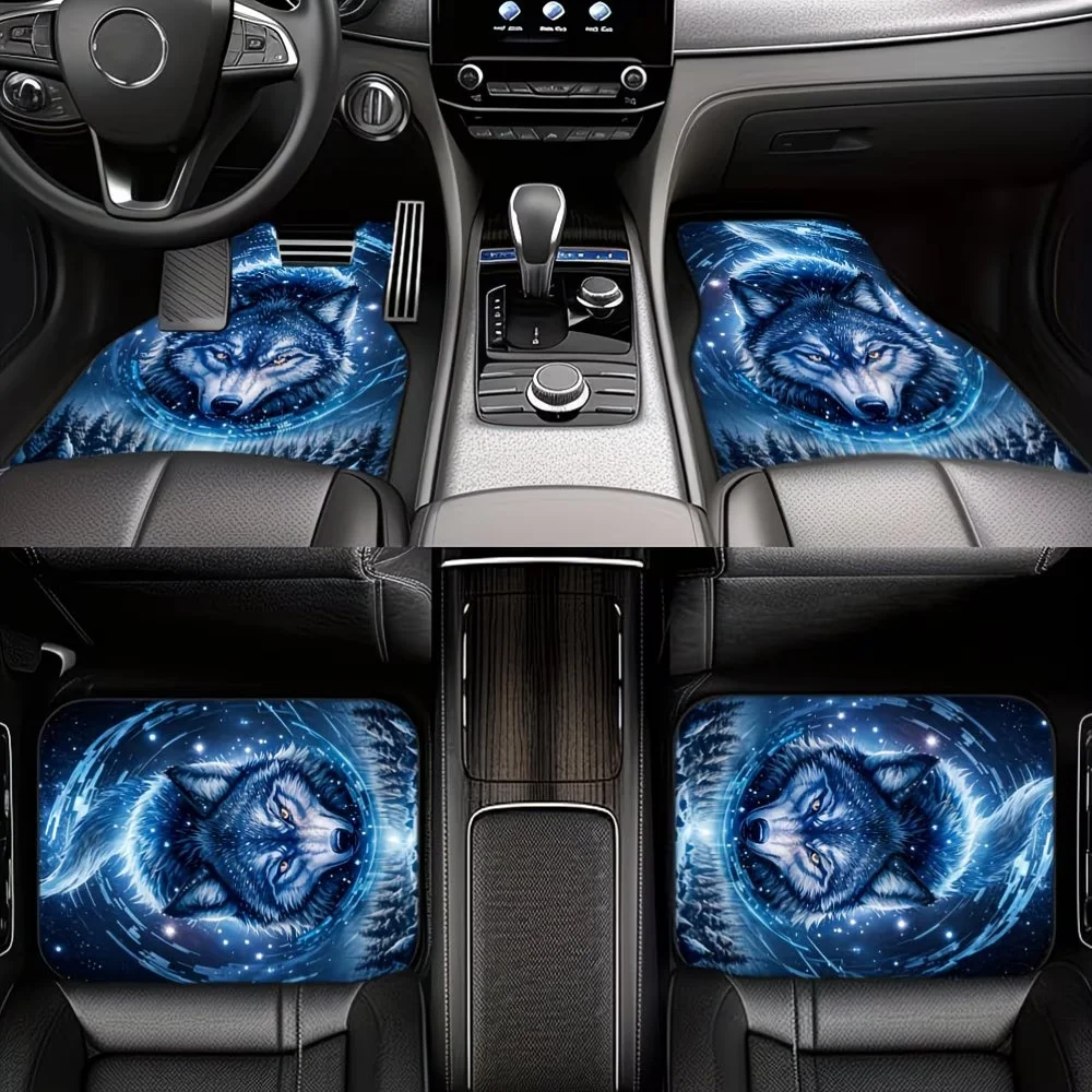 4Pc. Blue-Eyed Wolf Print Car Floor Mats - Universal Fit, Polyester Fiber, Non-Slip Rubber Backing, All-Weather Protection for Vehicle Front and Rear