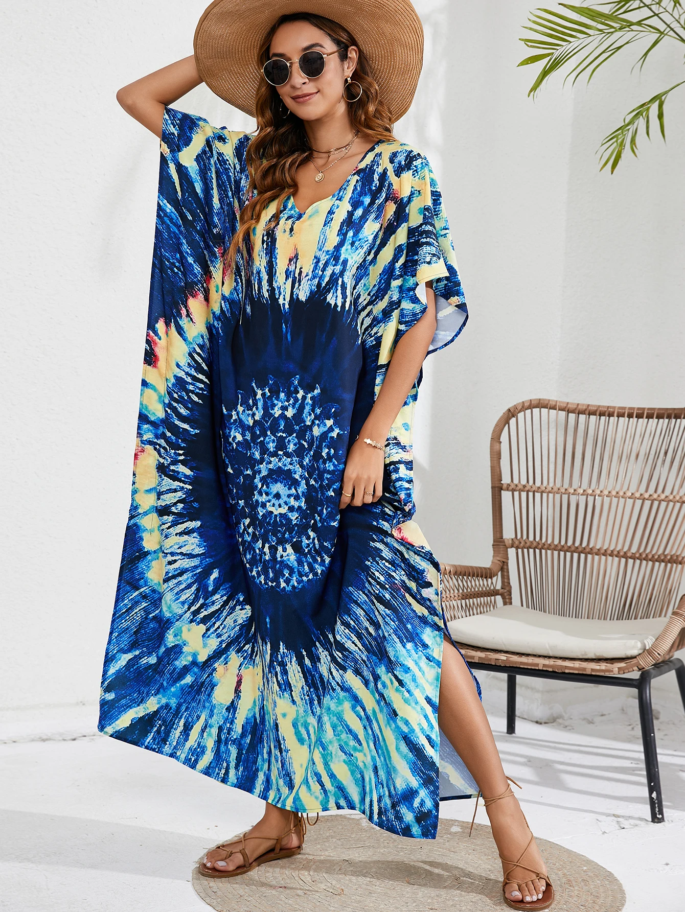 

Summer Beach Boho Ethnic Full Print V-Neck Side Slit Vacation Dress Beach Cover Up