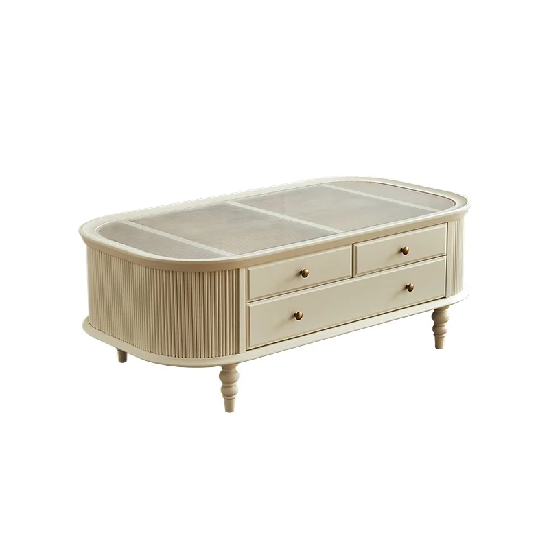 

1 French white cream style coffee table light luxury high-end solid wood living room oval Changhong glass