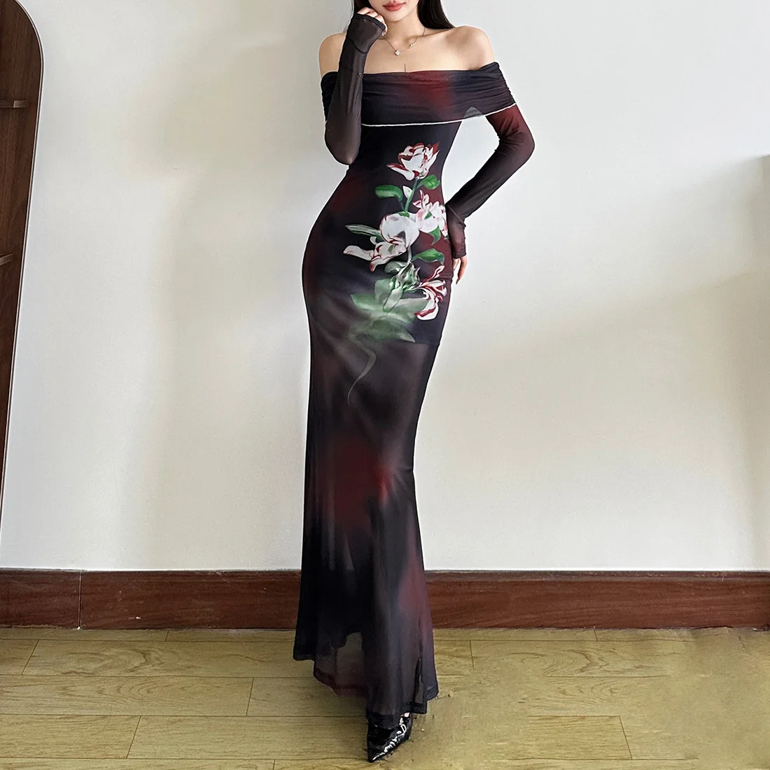 Retro Graffiti-style Y2K Black Eveningdress Rose-printed Sexy Off-the-shoulder Sheer Mesh Dresses Women's  Trendy Autumn Outfits