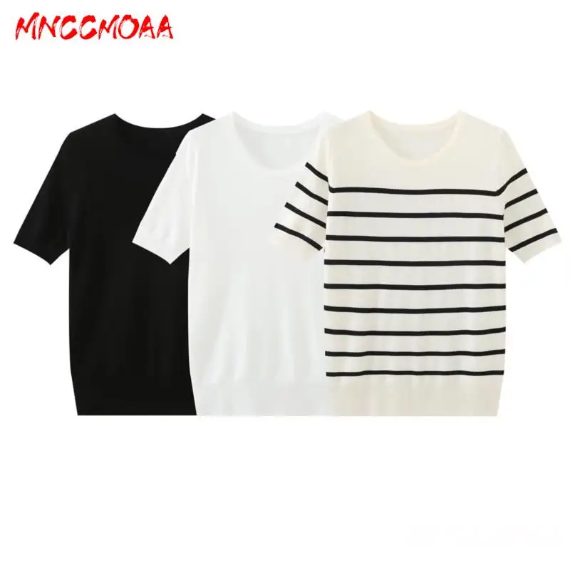 

MNCCMOAA 2024 Spring Summer Women Fashion Loose Round Neck Short-Sleeved Knit Female Solid Color Casual Pullover Tops