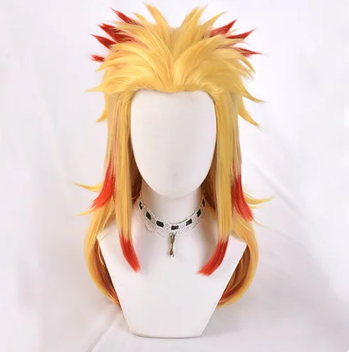 Anime Demon Slayer Rengoku Kyoujurou Blonde Ombre Wig Cosplay Costume Men Women Heat Resistant Pontail Hair Wigs