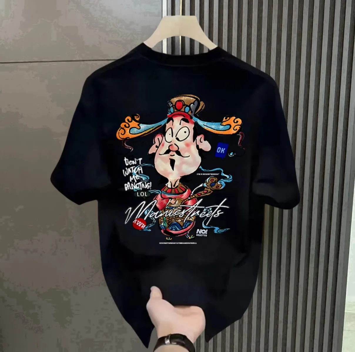Large Size 300 Pounds Cotton round Neck T-Shirt Men's Spring Autumn New Style Pure Cotton Base Shirt God of Wealth Print