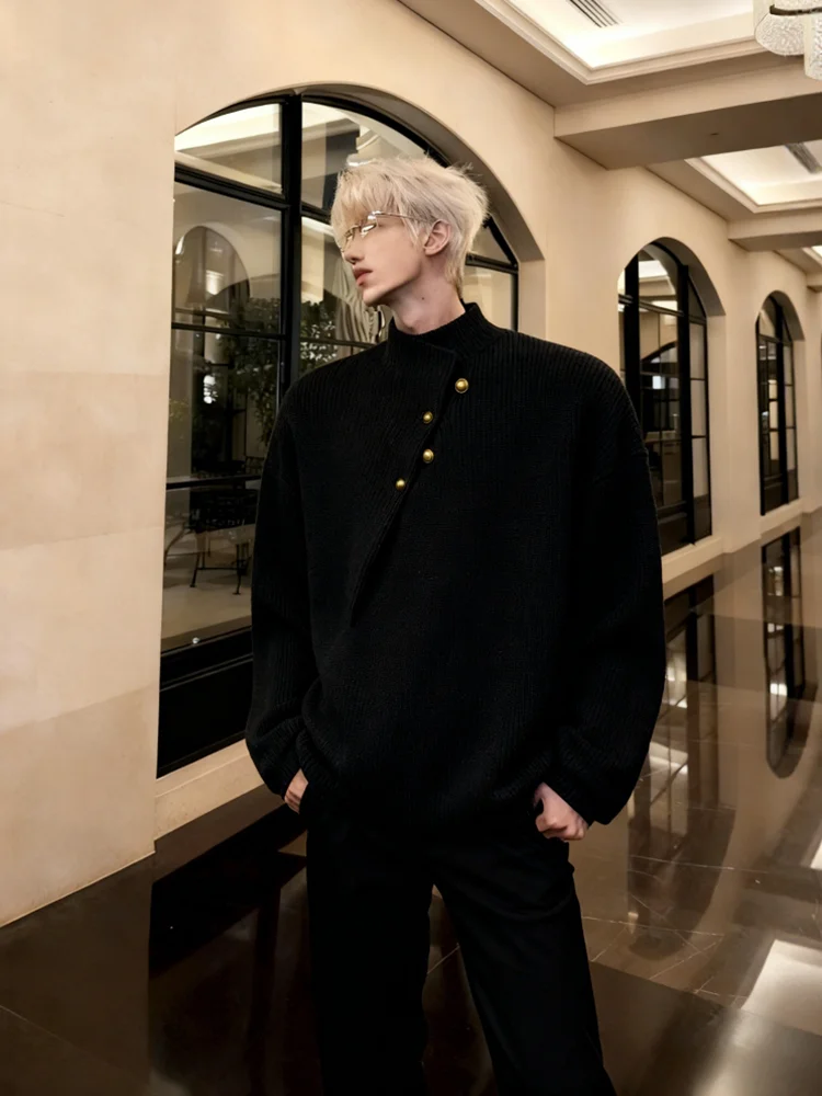 

Мужской вязаный свитер с высоким воротником и пэчворком, осенне-зимний, модный, повседневный, для ношения под одеждой, из полиэфирного волокна, утолщенный, с длинными рукавами