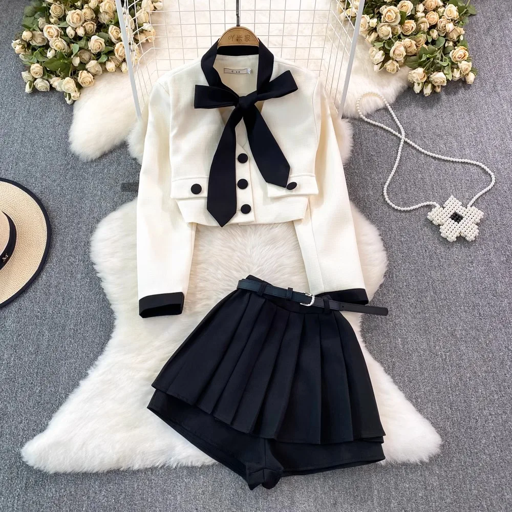 Small Fragrance White Black Tweed Coat Elegant Bow Jacket Short Pleated Belt Skirts Woolen 2 Piece Sets Wool Blend Tops Autumn