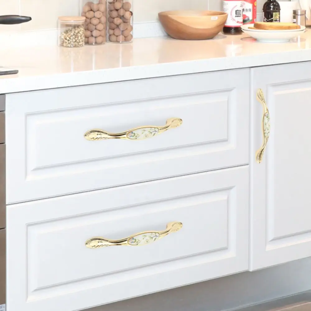 

Zinc Alloy Gold Kitchen Cabinet Handle Light Luxury Stylish Design Ceramic Drawer Pulls Modern Elegant European