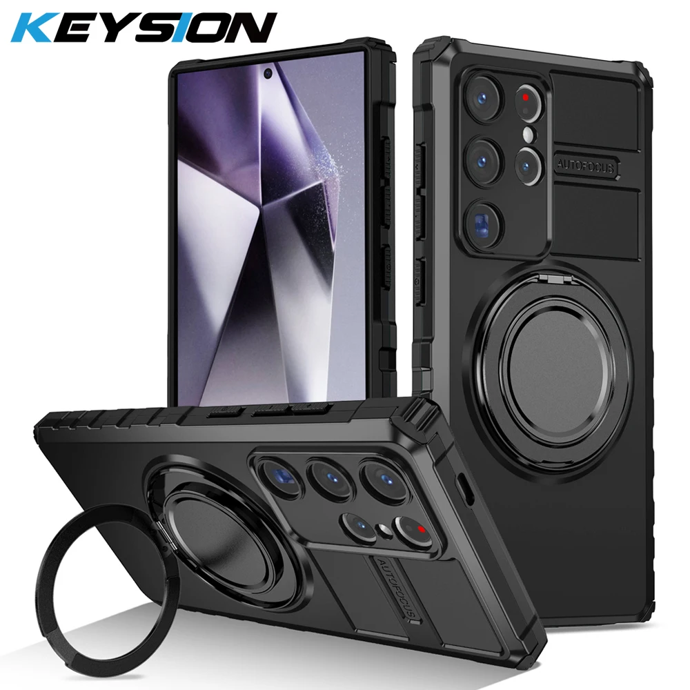 KEYSION Shockproof Armor Case for Samsung S24 Ultra 5G S23+ S22 S21 FE Magnetic Ring Stand Phone Cover for Galaxy Note 20 Ultra