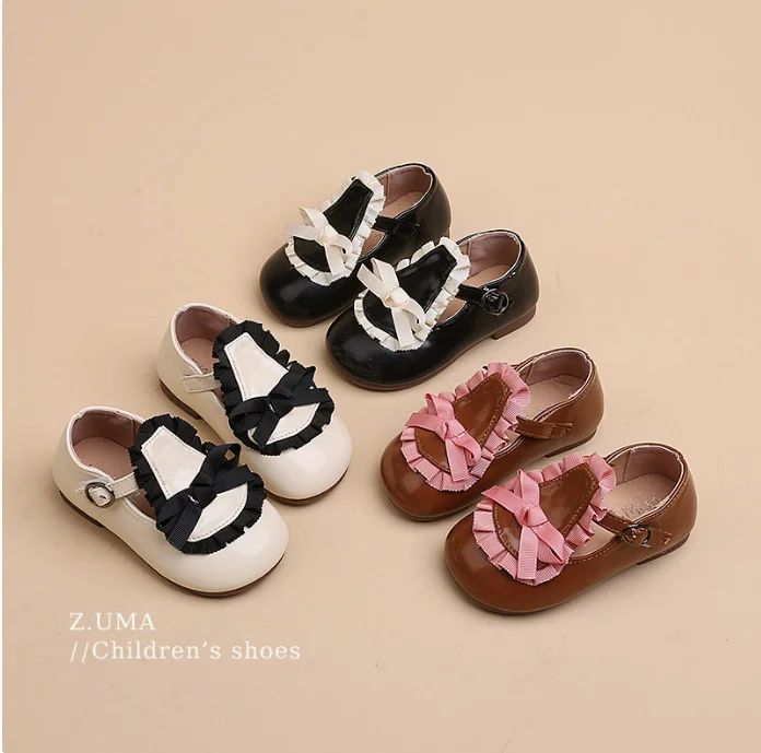 

2026 New Girls Party Dress Shoes Lolita Style Ruffled Bow Kids Leather Shoes Elegant Wedding School Children Princess Mary Janes