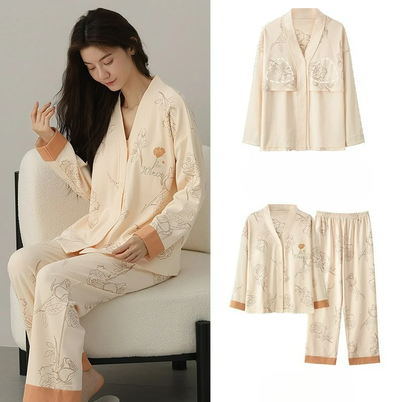 Pajamas Women Spring and Autumn Models with Chest Pads New Long-sleeved Cardigan High-end Casual Outerwear Comfortable Ventilate