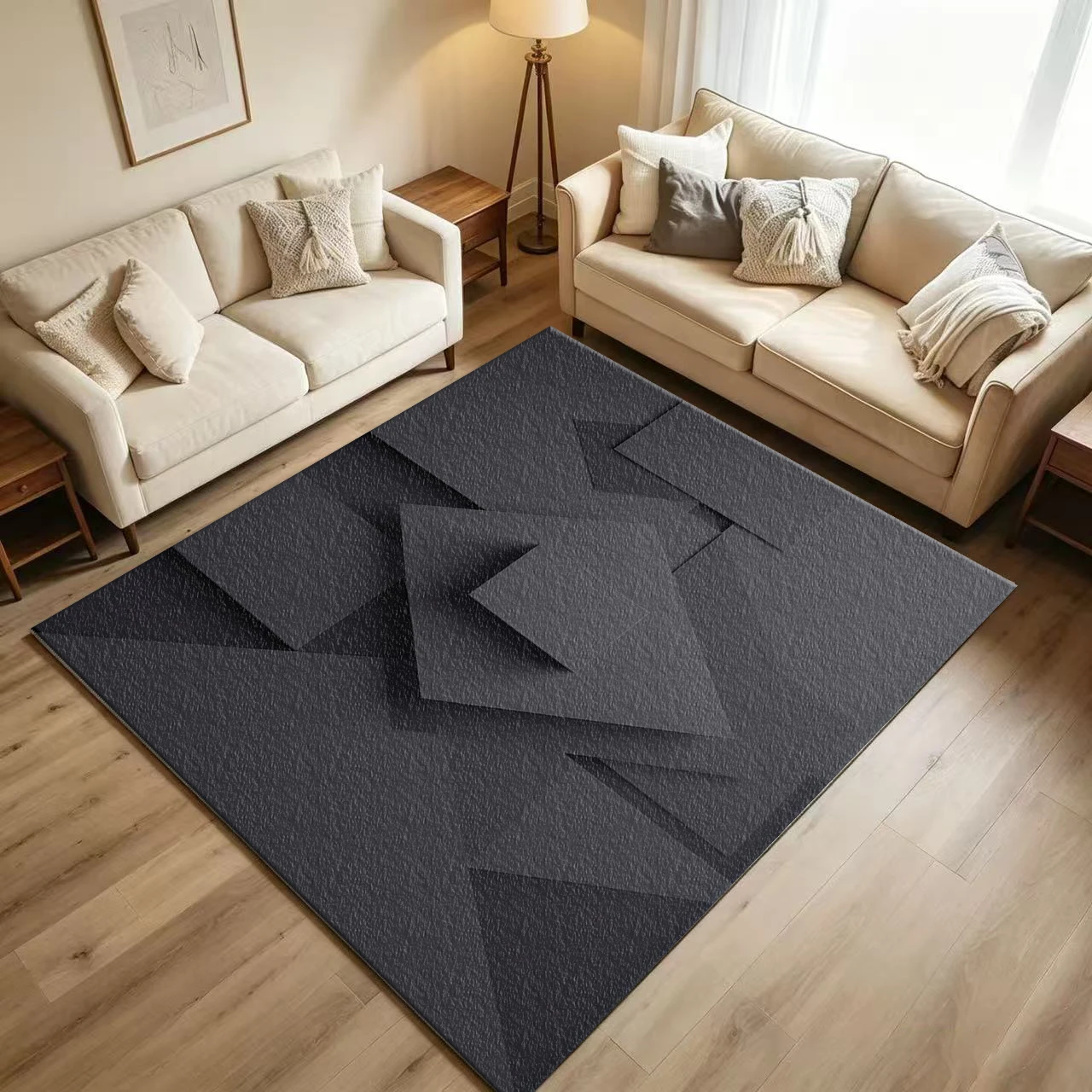 Dark Grey 3D Overlapping Geometric Shapes Abstract Carpet Flooring Minimalist Area Rug