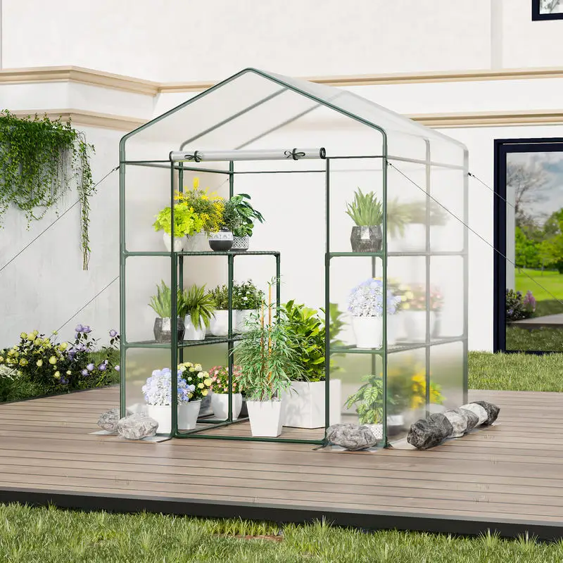 Walk-in Greenhouse, 3-Tier 8-Shelf Portable Outdoor Garden Plant Growing Tent With PVC Cover, Roll-up Zippered Door And Ventilation Windows For Backyard Patio Farm Vegetable Fruit Flower Seedling Cultivation