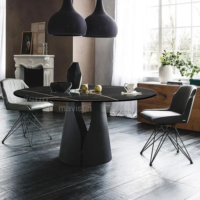 

Mobile Rock Slab Dining Table Small Apartment Modern Marble Light Luxury Round Breakfast Muebles Para Hogar Patio Furniture