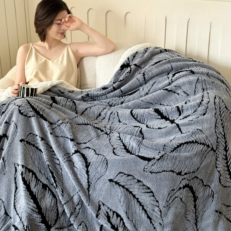 Leaf Jacquard Taffeta Flannel Double-Layer Blanket Multi Functional Leisure Blanket for Office Sofa Soft and Warm Bed Decoration