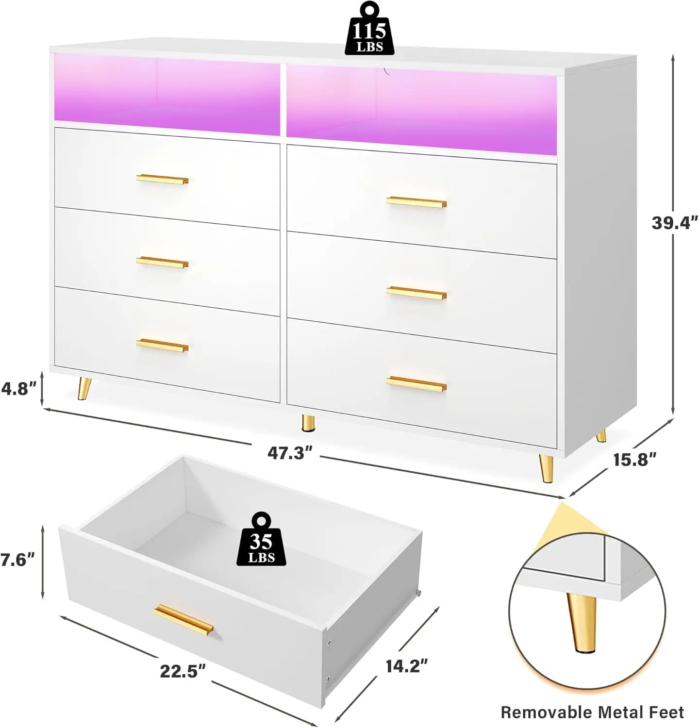 Commode à 6 tiroirs pour chambre à coucher Commode moderne blanche avec lumières LED, grand meuble TV, couloir, 47,3' L x 39,4' H x 15,8' D