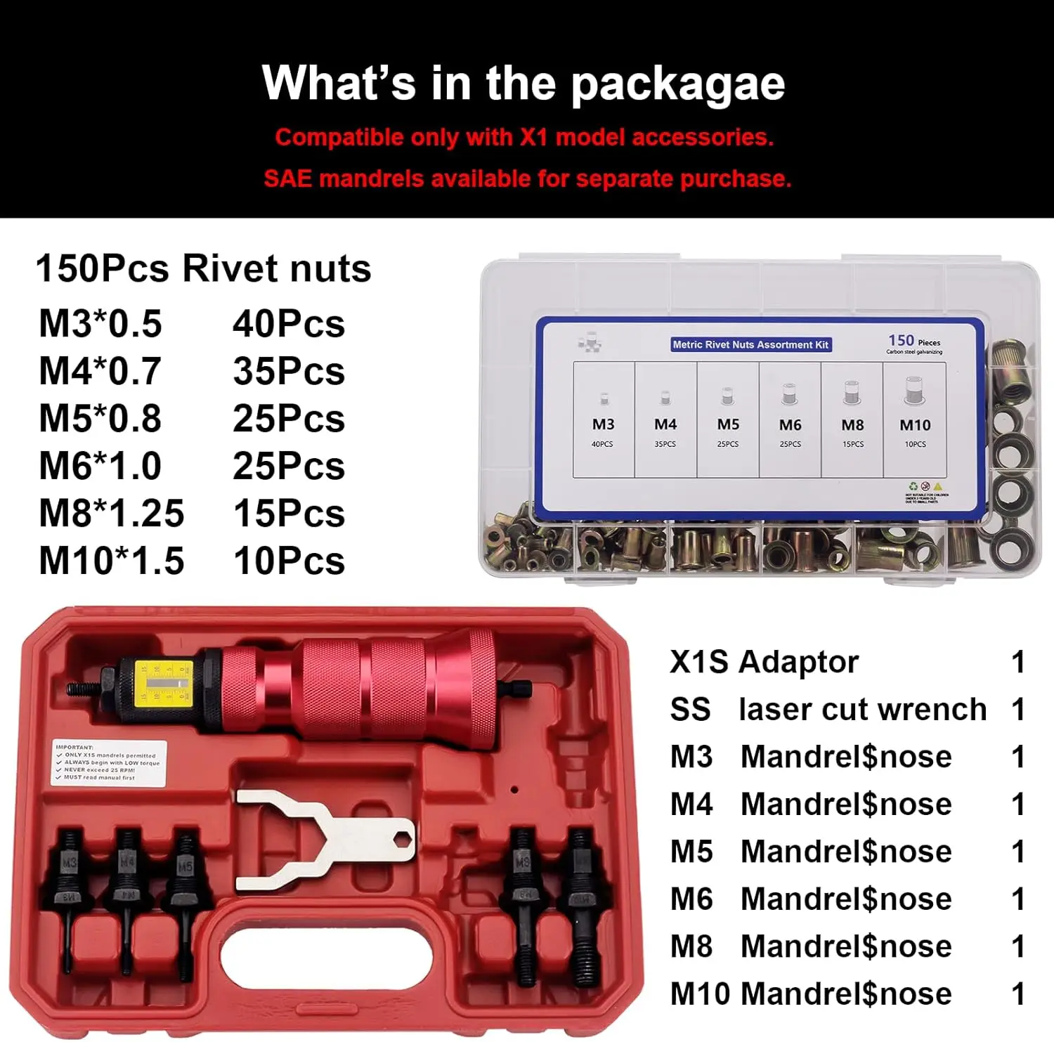 X1S Rivet Nut Drill Adapter Kit with Overload Protection, 150 pcs Nuts, Blow Molded Case