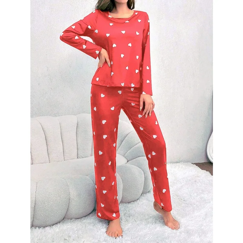 Women\'s Pajamas Casual Love Print Round Neck Long Sleeve Long Pants Fall and Winter Comfortable Set Girl Sleepwear Homewear