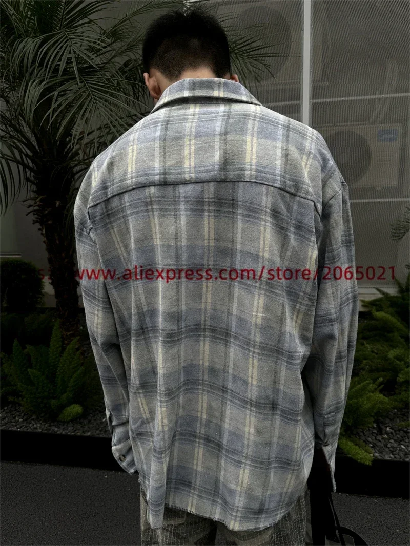 Distressed Halo Dyeing Flannel Plaid Shirts Men Women Handmade destruction of tassels at the hem Oversize Shirt