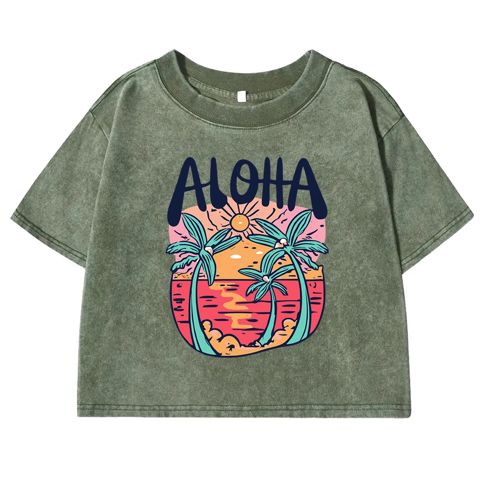 Beach Style Aloha Printing Women T Shirts Washed Fitness Retro Crop Top Summer Sweat Tees Shirt Sports O-Neck  Cotton Tee