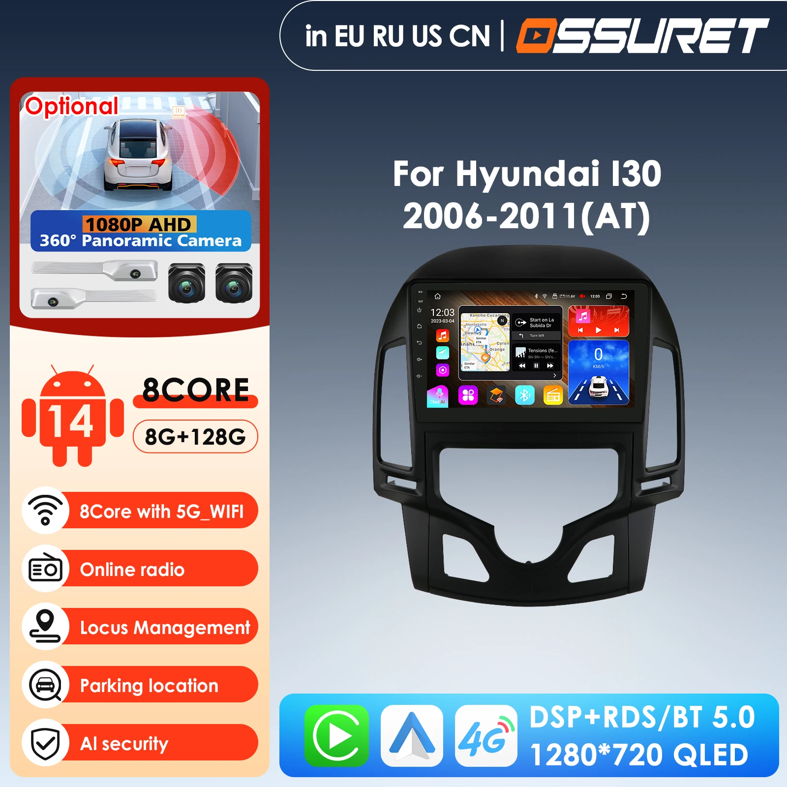 360 Camera AI Intelligent Player Carplay Auto 4G 2din Android Car Radio for Auto Hyundai I30 2006 - 2011 Manual Autoradio GPS BT