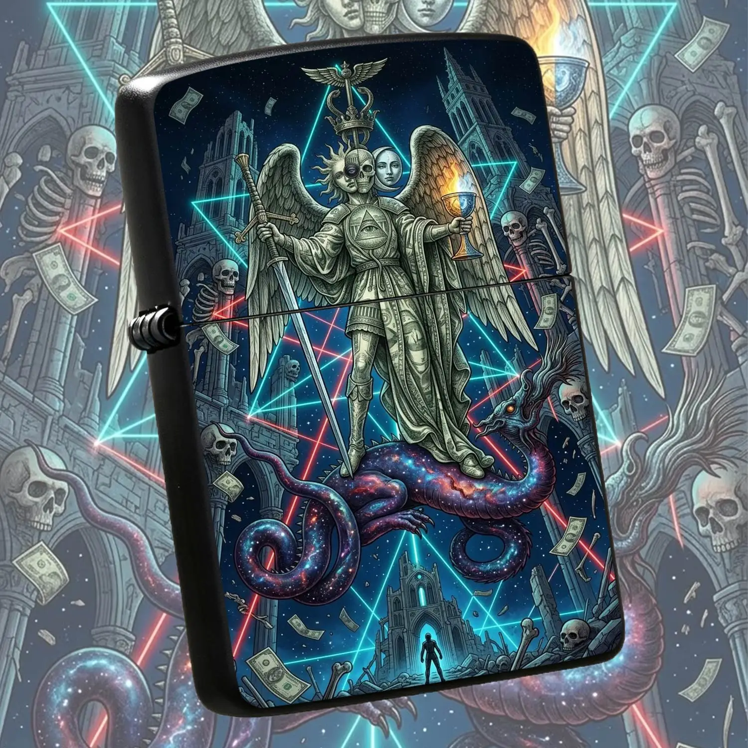 Mystical Retro Fantasy Angel Holy Sword Grail Art Lighter, CyberDragon Gothic Ruin Trendy Personal Accessory, Full-Scene Adapted Atmospheric Creative Collectible Gift Unique Item  A Humorous And Interesting Lighter