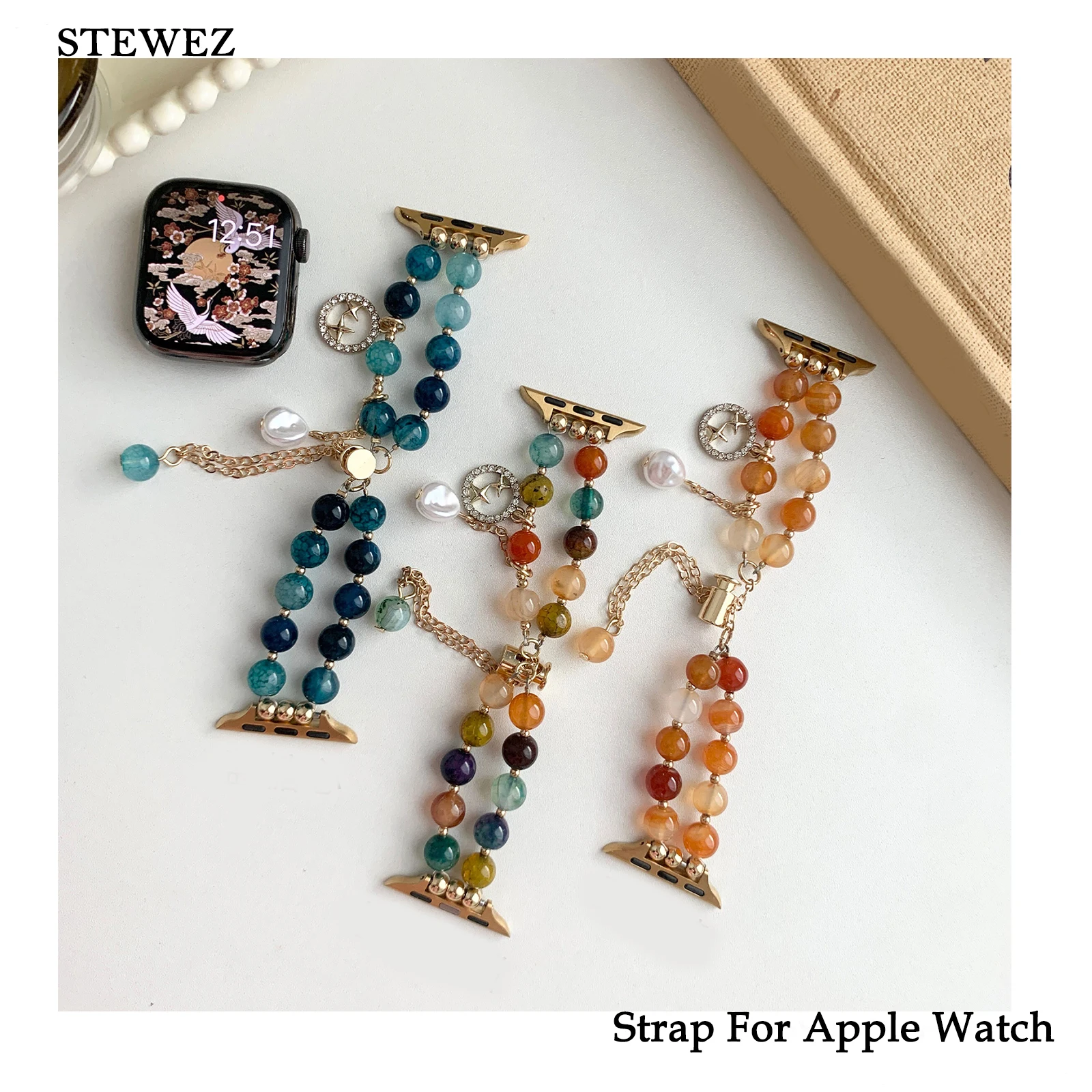 

Natural Agate Stone Strap for Apple Watch Band Pearl Bracelet Chain with Iwatch987654SE Hand Bead Jewelry 40 41 42 44 45 49mm