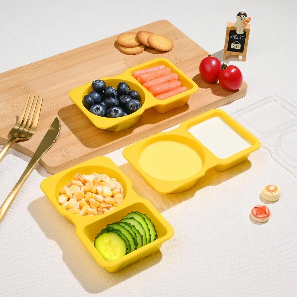 2 Compartment Disposable Plastic Snack Containers with Lids, 10 Pack Yellow Food Storage Boxes for Sauce, Salad, Condiments, Dips, Dressings, Lunch, Meal Prep, Portion Control, Kids Snacks, Party, Picnic, Travel,