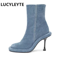 European and American Brand Women's Short Boots Autumn/Winter 2023 Fashion Slender Heel Vintage Side Zipper Denim Short Boots