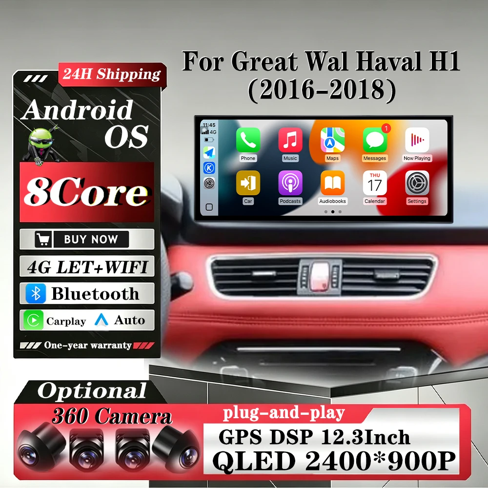For Great Wal Haval H1 2016-2018 QLED Touch Screen Android 16 Auto Wireless Carplay Car Radio Multimedia Video Tools 4G WIFI BT