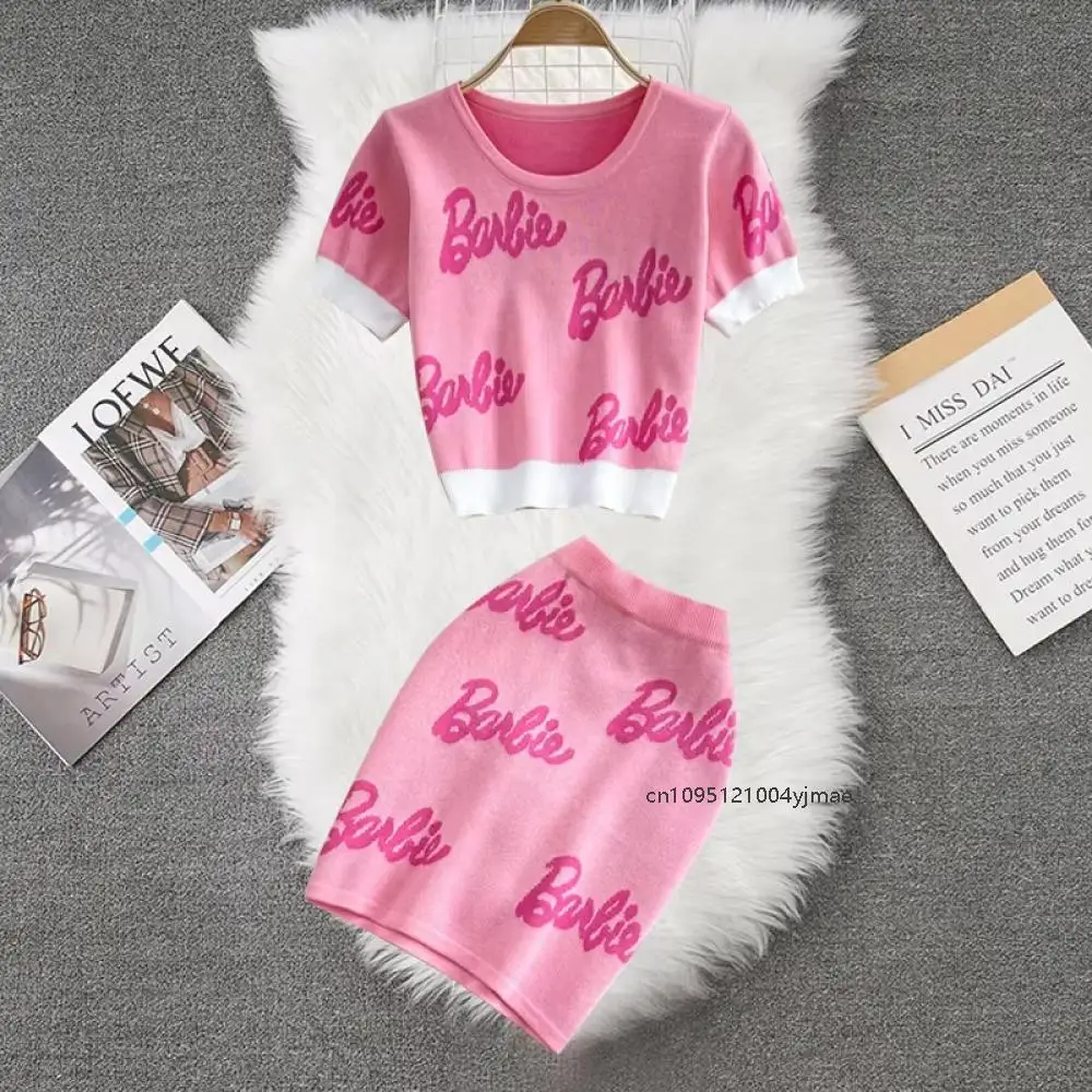 

2Pcs Women Dress Set Chic Pink Fashion Letters Knitted Tops + Short Skinny Mini Skirts Streerwear Lady Hotsweet Slim Fit Style